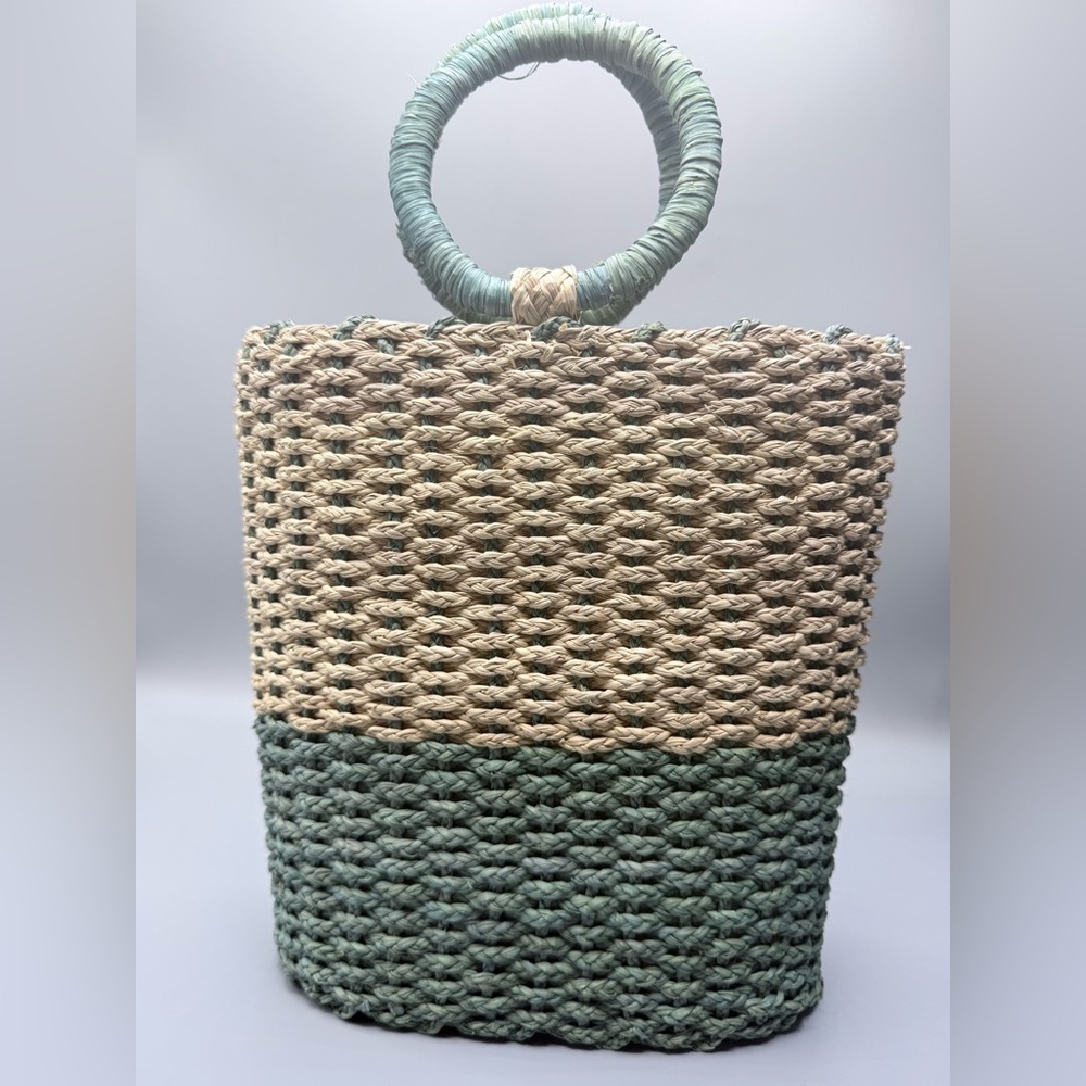 KAANAS Woven Straw Handbag Sage Green Natural Round Handle Tote